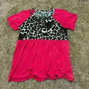 Hot Pink & Leopard Print Babydoll Top Size M Short Sleeve